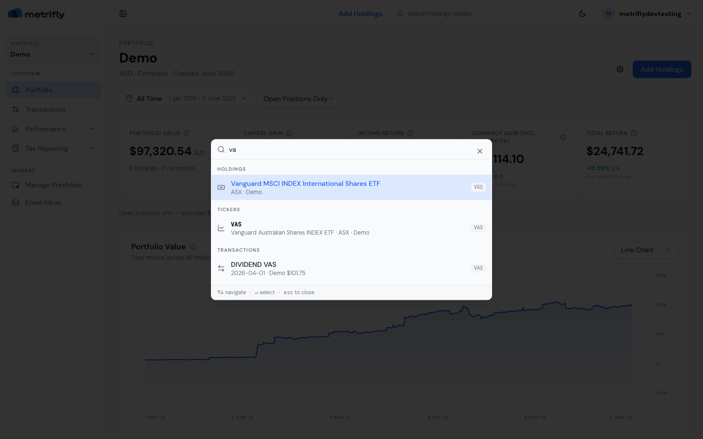 The command palette open with grouped search results