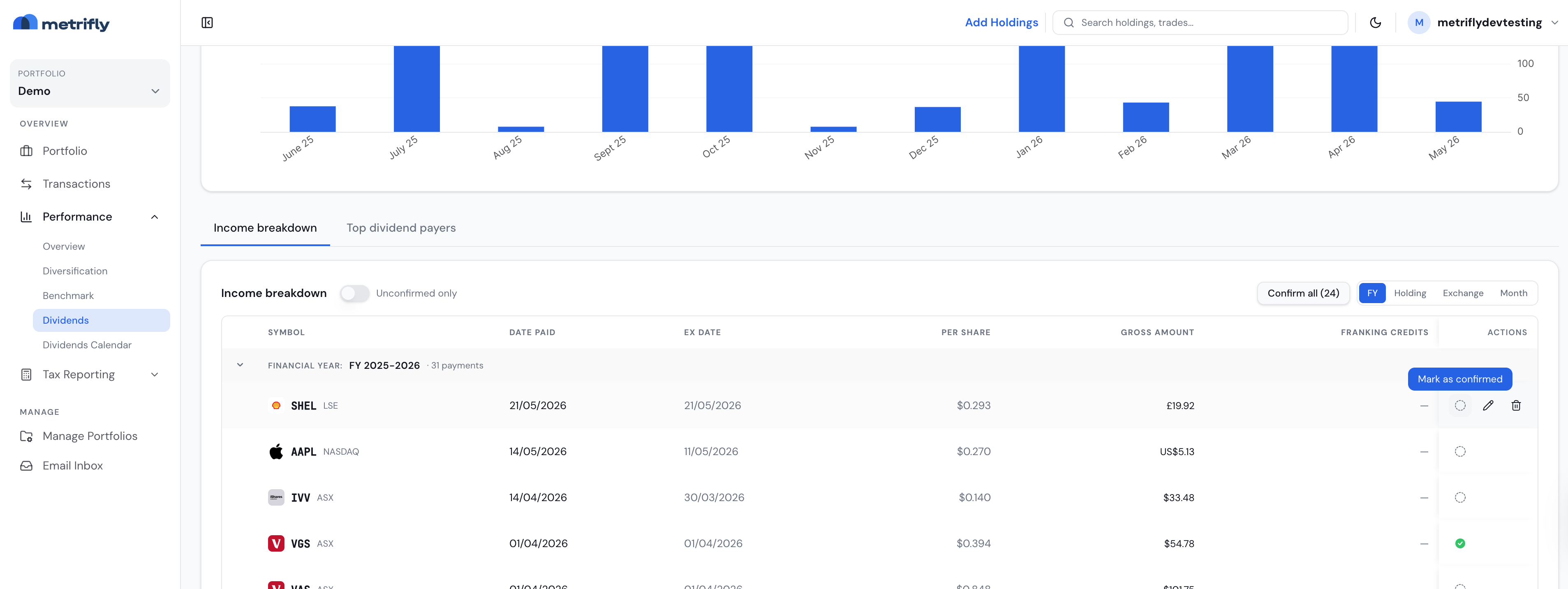 Confirm dividend dialog