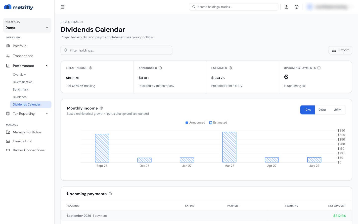 Dividends Calendar with summary stats, the Monthly income chart of declared and estimated bars, and the upcoming payments table