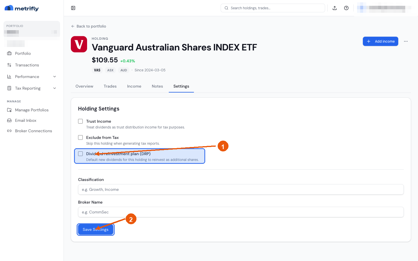 Holding Settings tab with the Dividend reinvestment plan checkbox enabled