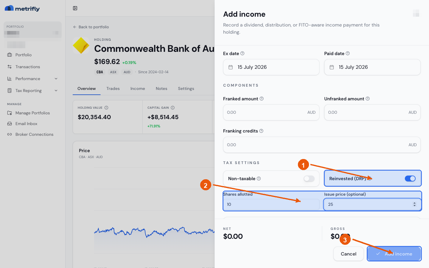 Add income form with the Reinvested (DRP) toggle on, showing Shares allotted and Issue price fields