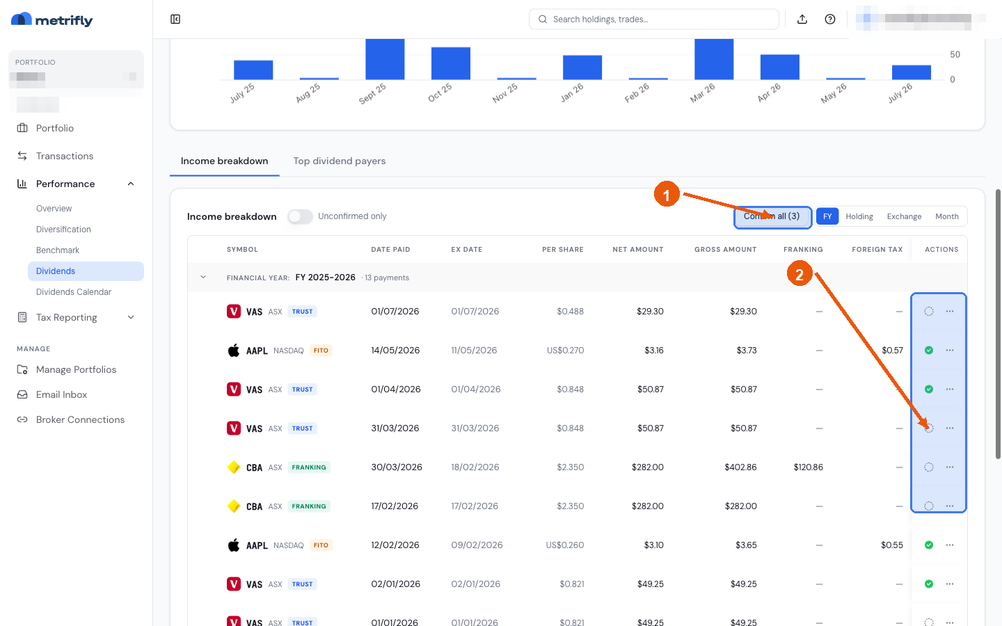 Income breakdown with the Confirm all button and per-row confirmation status