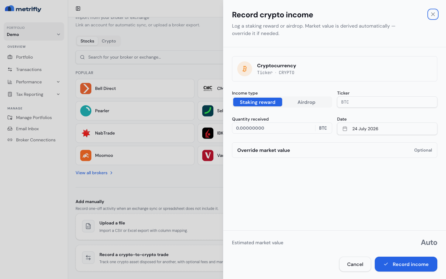 Record crypto income form with the Staking reward and Airdrop toggle, ticker, quantity received, and date fields