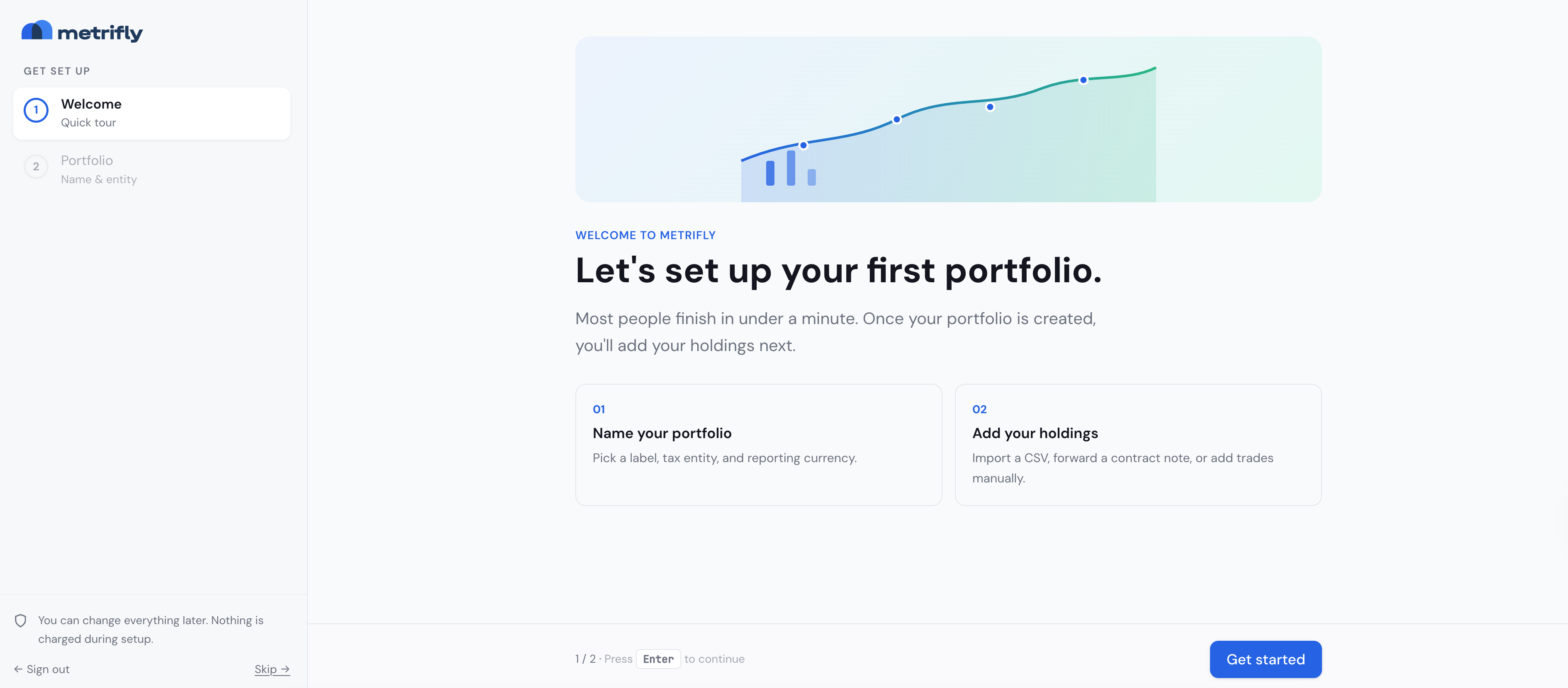 Onboarding wizard on the Portfolio step, showing name, tax entity, and reporting currency