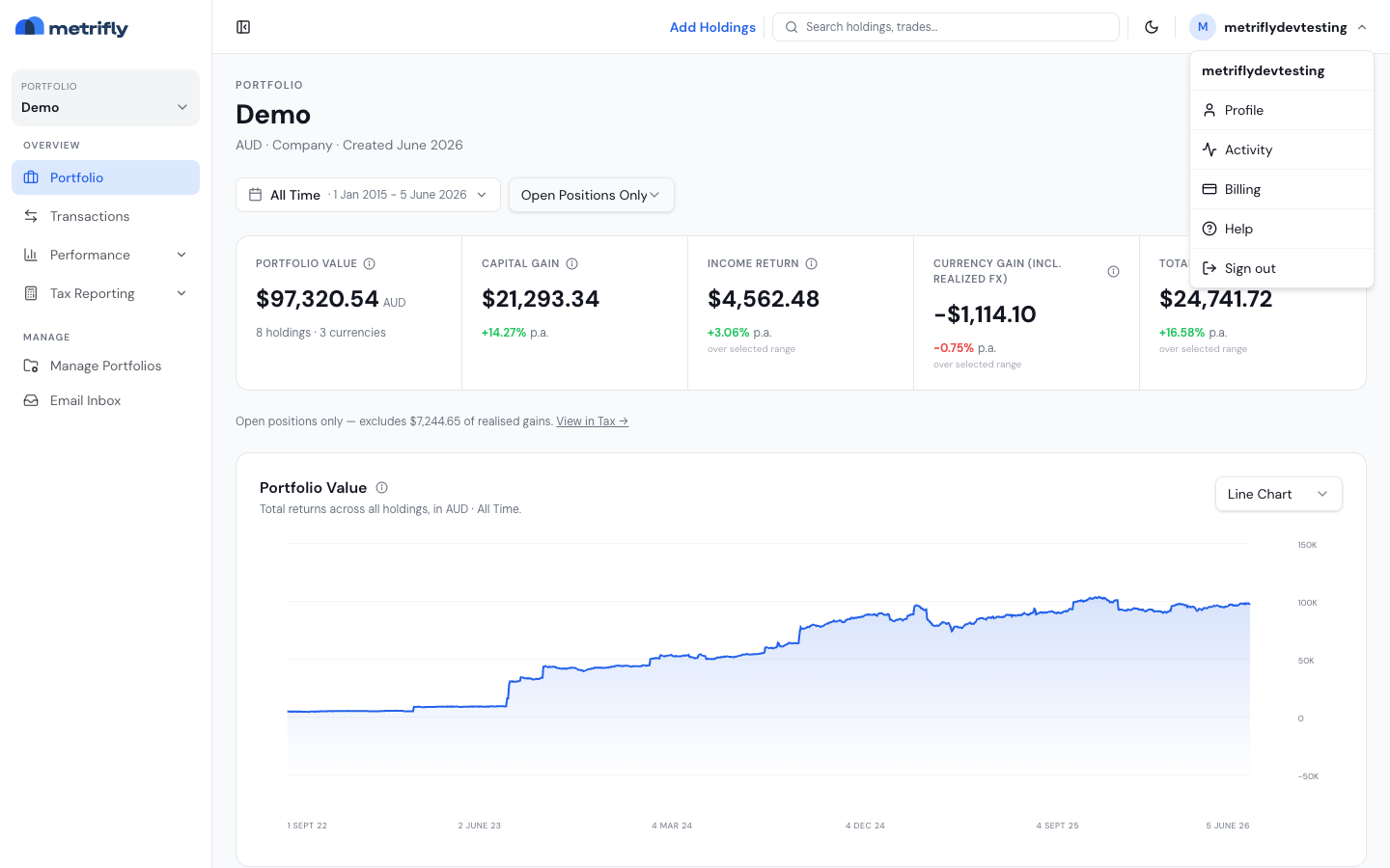 Metrifly sidebar and top bar with the portfolio selector and account menu