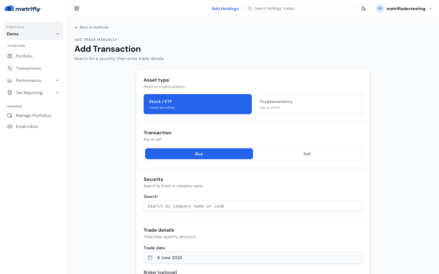 The manual add-transaction form