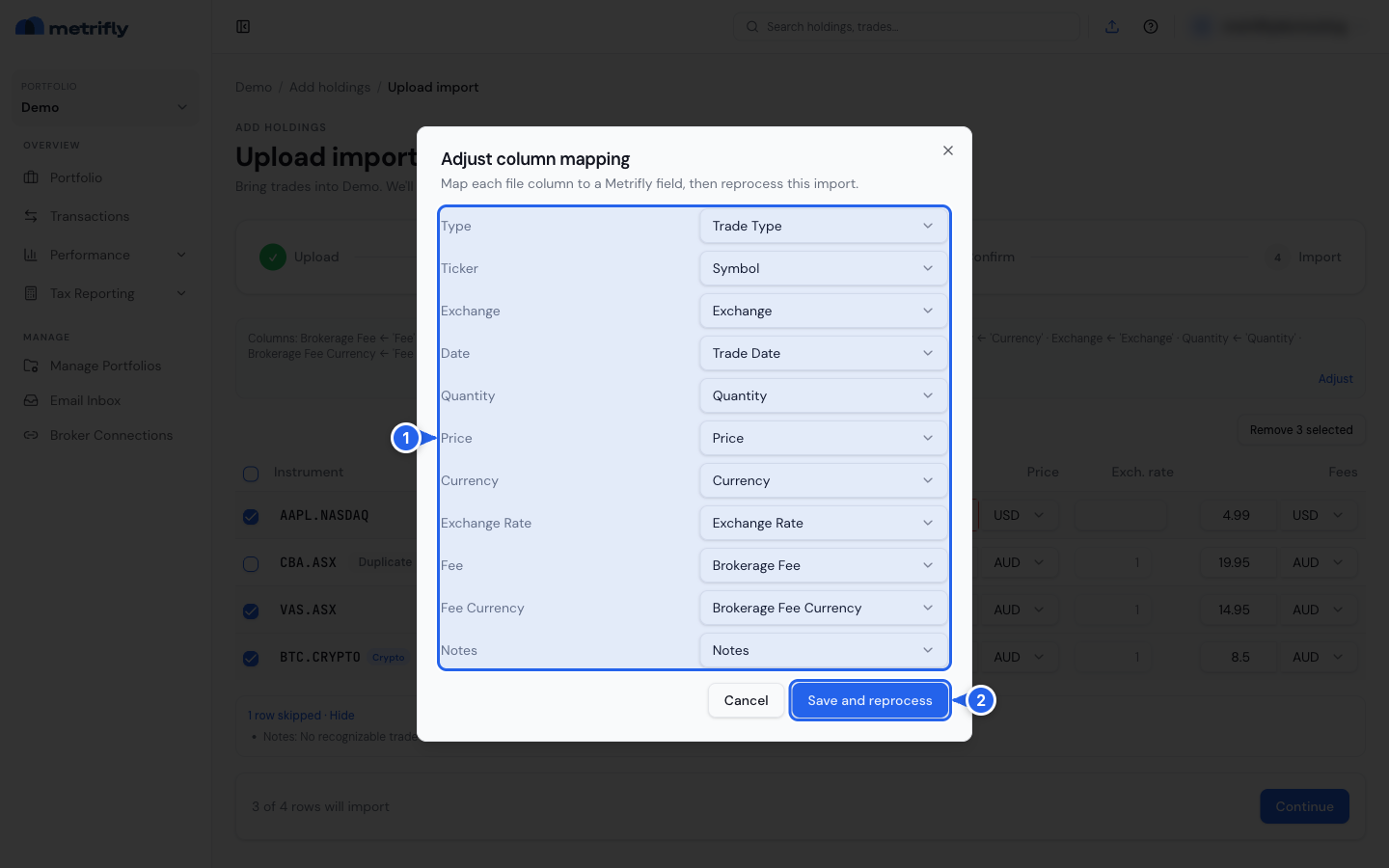 The Adjust column mapping dialog with the mapping fields highlighted (1) and the Save and reprocess button highlighted (2)
