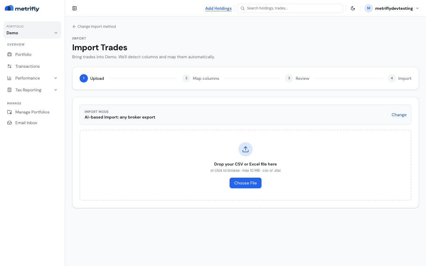 The upload step of the import wizard