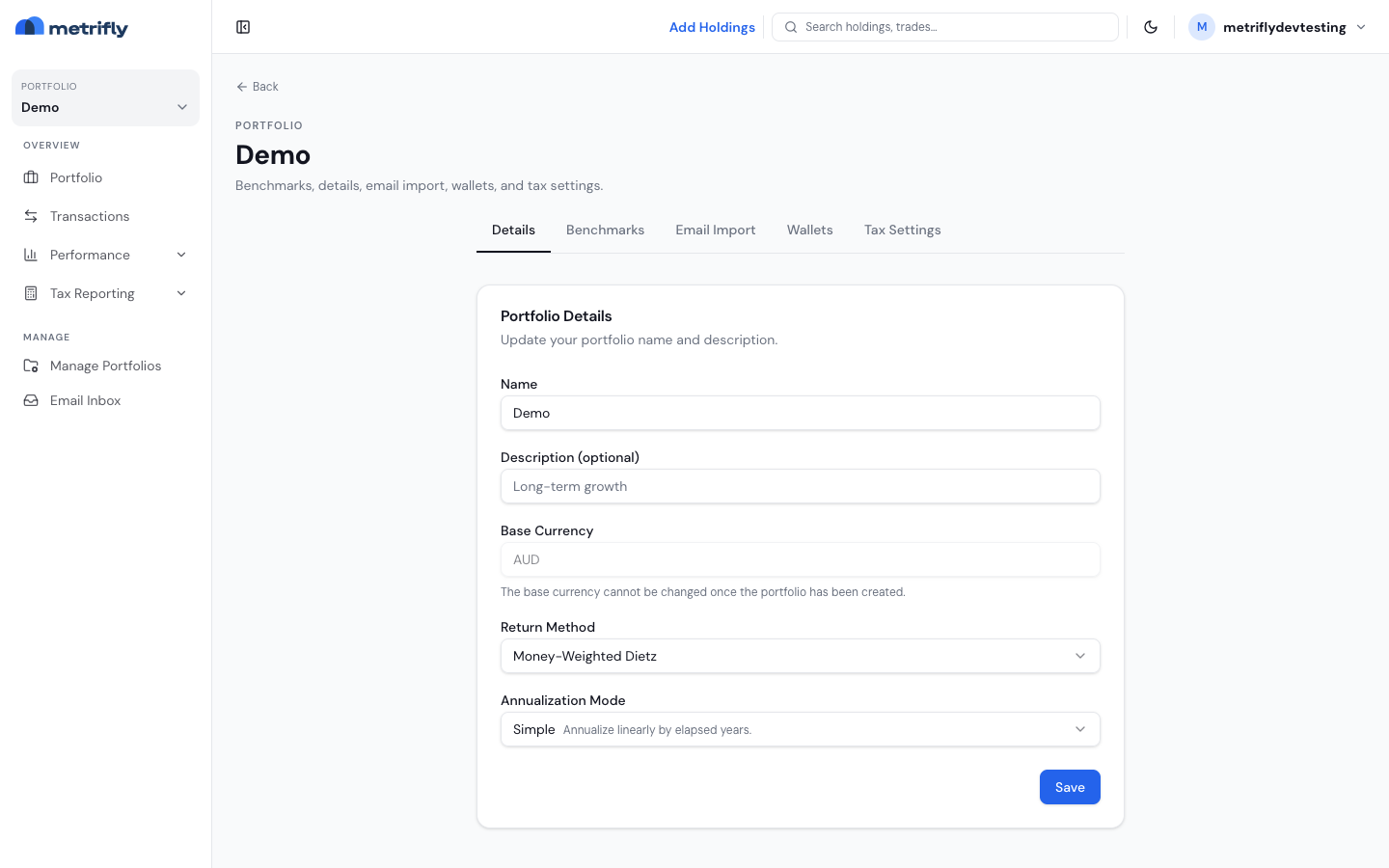Portfolio Settings on the Details tab