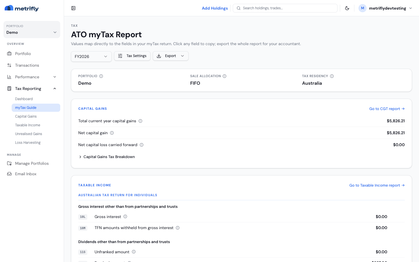 ATO myTax report with item-coded amounts and click-to-copy