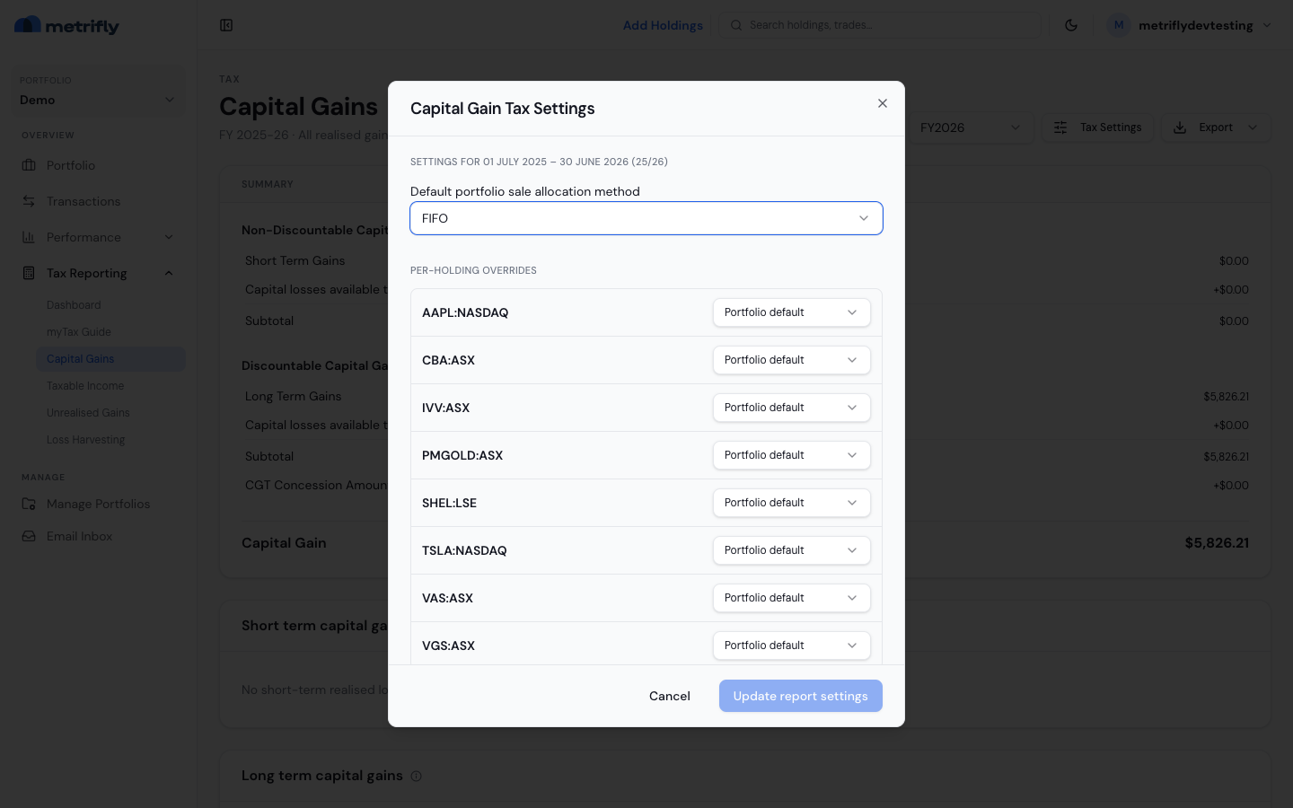 Capital Gain Tax Settings modal with the default allocation method
