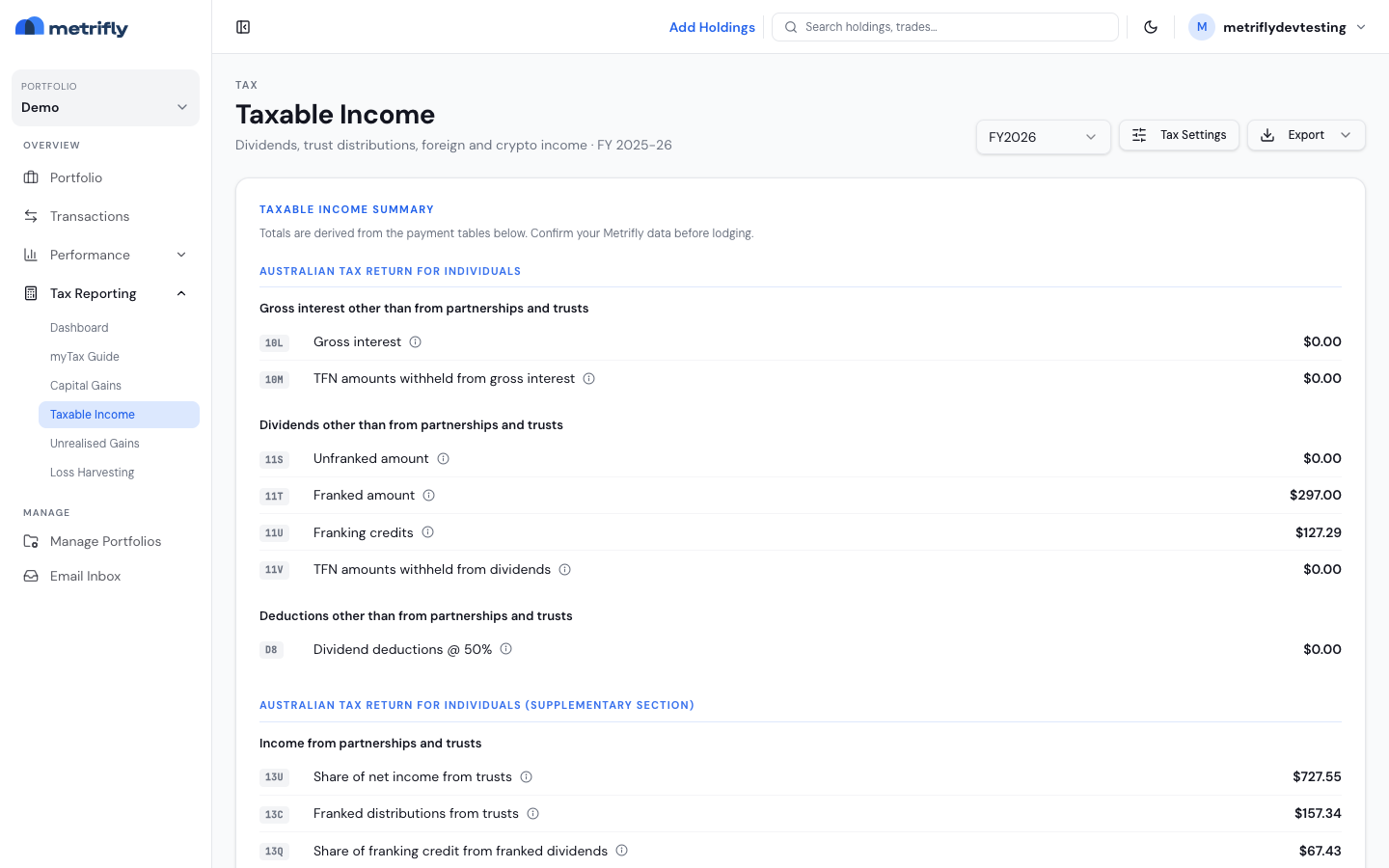 Taxable income report with the income summary and tables